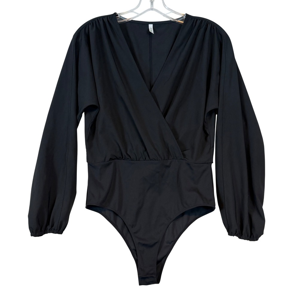 Halara Womens Black Wrap V-Neck Balloon Long Sleeve Bodysuit •M• Chic Capsule